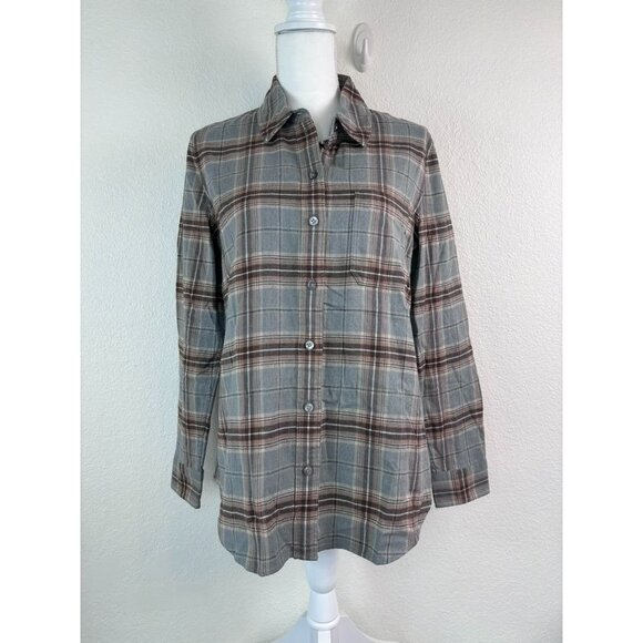 Faherty women's medium grey brown plaid long sleeve flannel‎ shirt button down - Picture 1 of 7